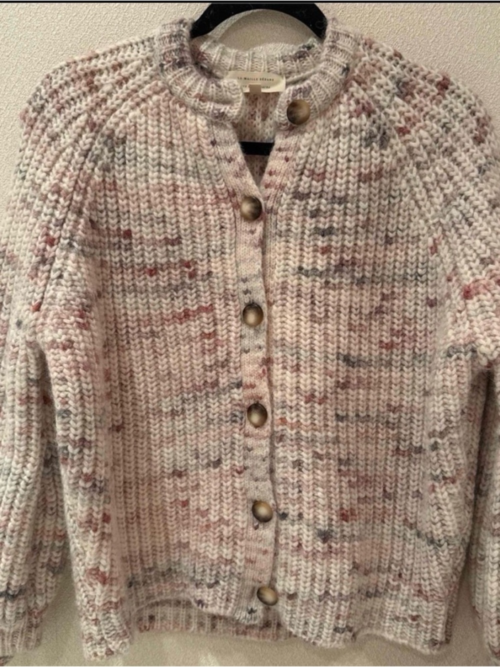 Sezane Speckled Cream Cardigan with Pink and Gray Accents